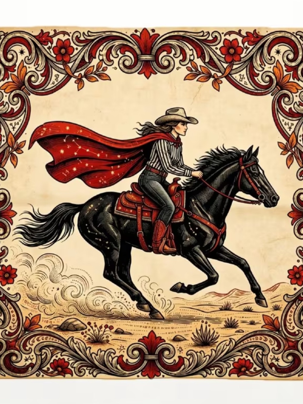 Western Red & Black Cowgirl Silky Scarf | 27.5”